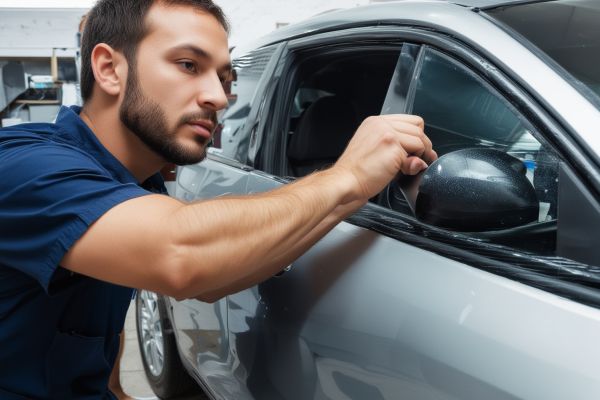 Professional technician performing paintless dent repair on car door