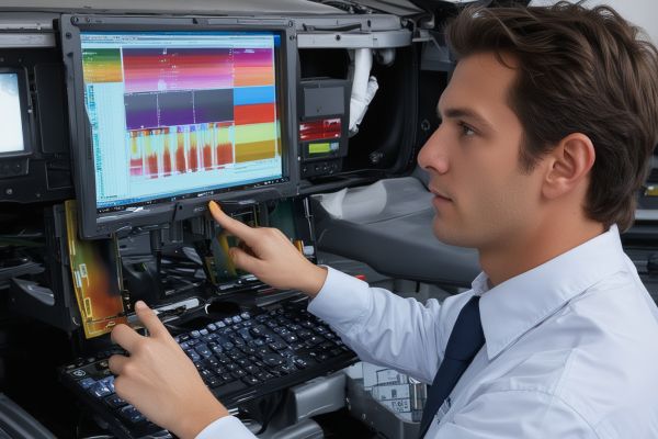 Technician using computerized color matching equipment on car paint