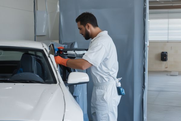 Professional auto body technician applying paint in spray booth